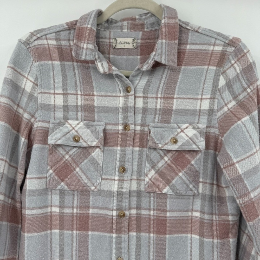 Womens Soft Plaid Flannel Shirt Size‎ L Dusty Mauve Neutral Granola Girl Hiking - Picture 8 of 14